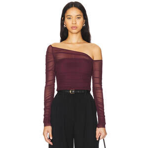 SEROYA Shauna Asymetric Mesh Top Off Shoulder Ruched Sheer Merlot S $268msrp NWT